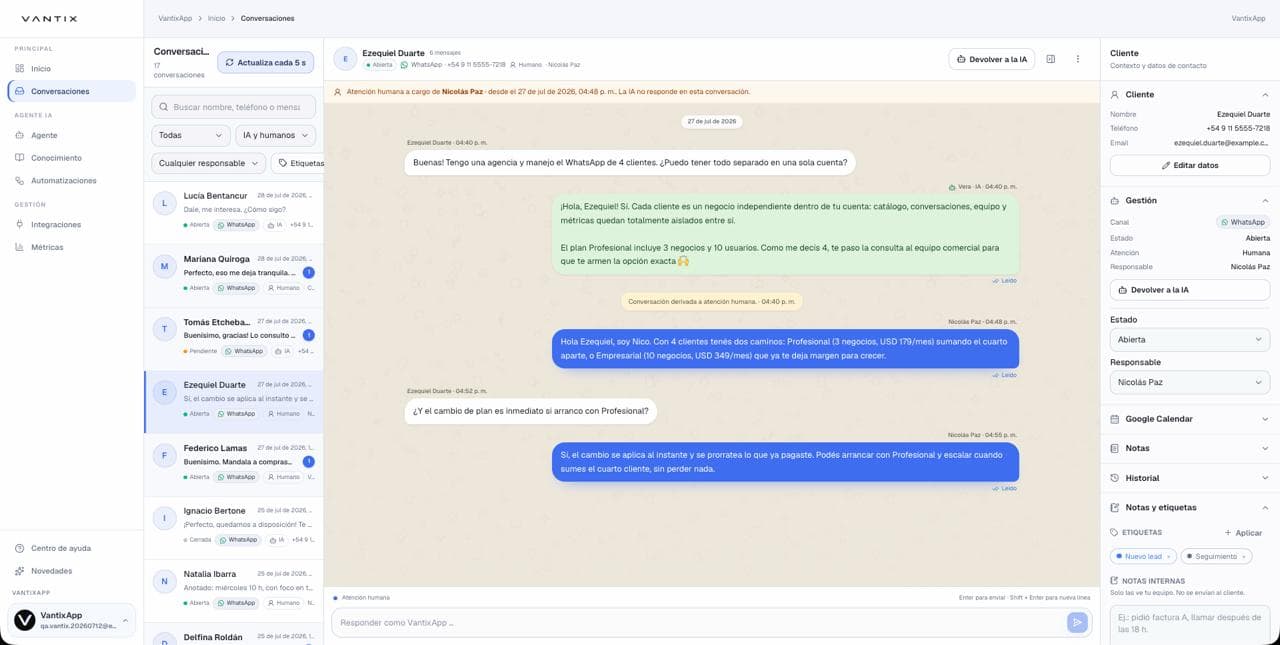Conversation handled by a person in VantixApp